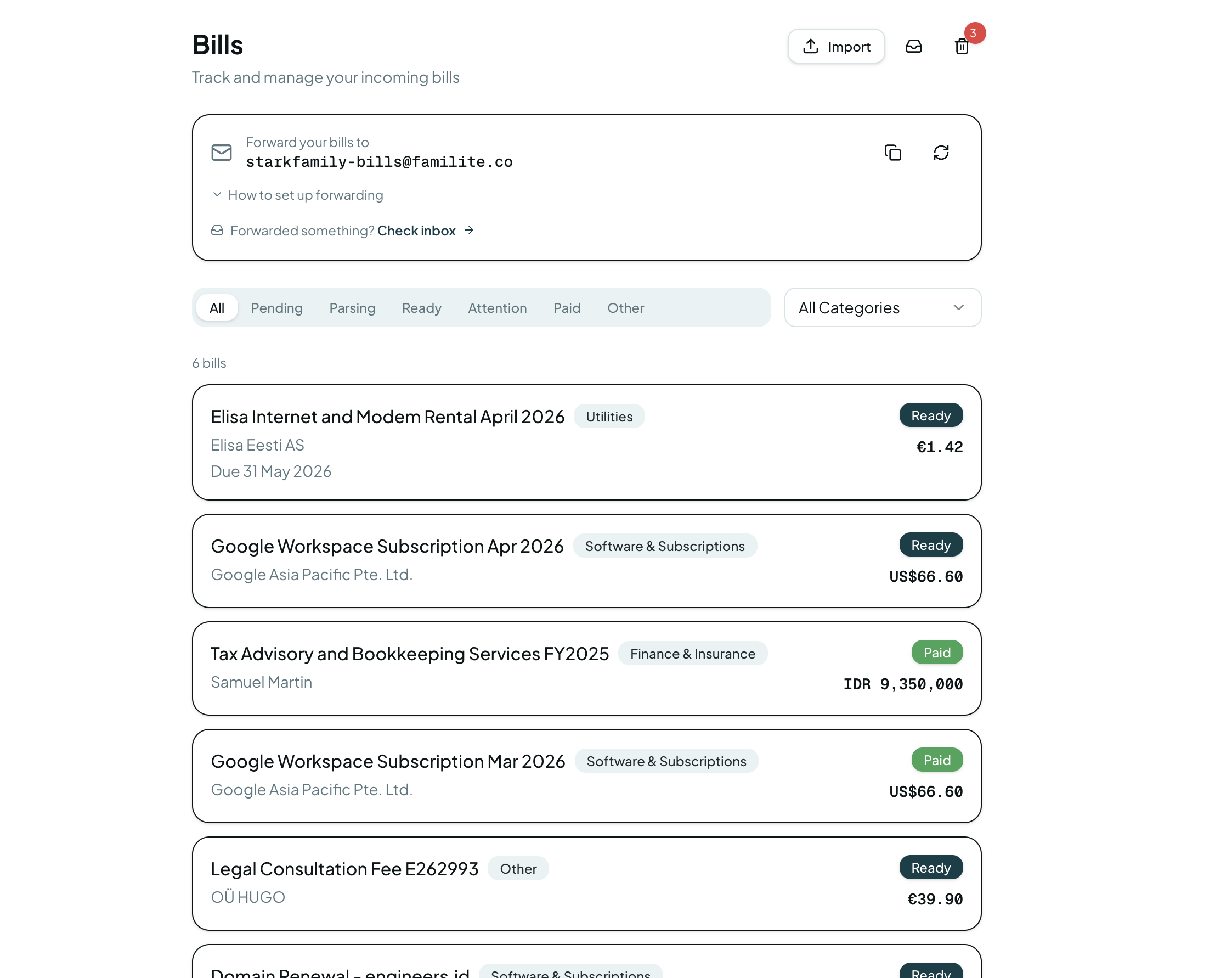 Bills inbox on the web