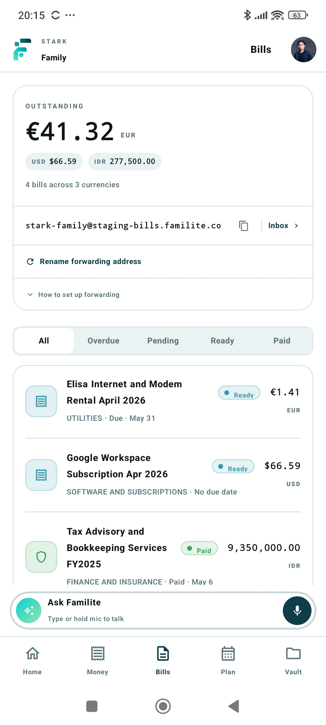 Bills on mobile